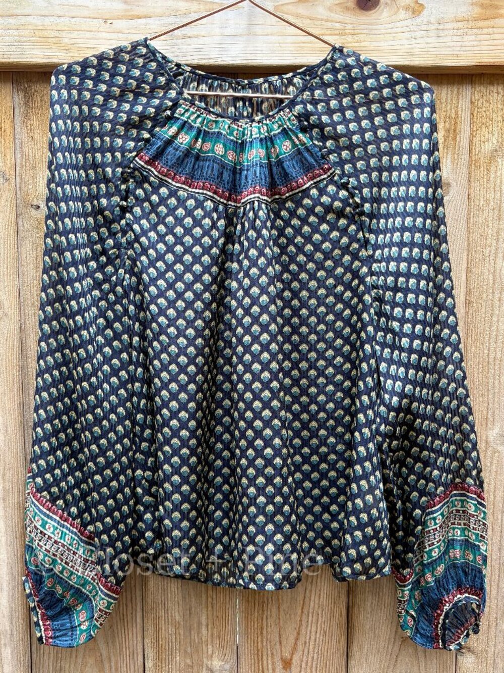 Doen Manzanita Blouse Size Medium 100% Silk Navy Blue Black Top Boho - Picture 3 of 17